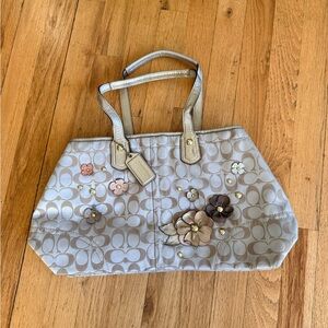 Vintage Coach Beige Floral Embellished Shoulder Bag